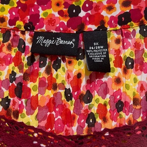 Maggie Barnes top blouse floral polka dot pleated white red 3/4 sleeve 3X - Picture 2 of 5